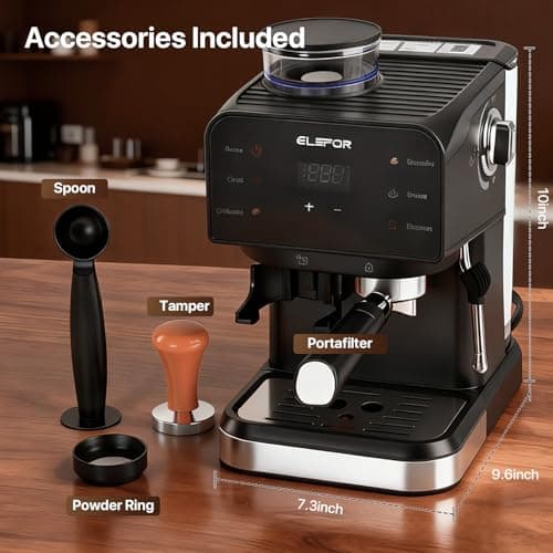 Elefor Máquina de café expresso 20 bar, cafeteira com moedor preto