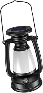 Lanterna LED vintage estilo retrô preto e prata com iluminação solar, alça de transporte, botão de controle e luz LED visível