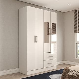 Guarda-roupa branco solteiro com 4 portas e 2 gavetas, design moderno para quarto