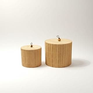 Kit Porta Objeto Redondo Bambu Natural Caixa Organizadora com Tampa Decoracao Minimalista (2, 8 e 12 cm)
