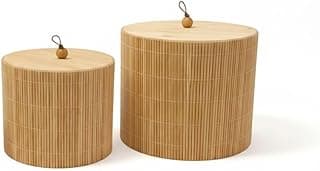 Kit de dois porta-objetos redondos de bambu natural com tampas e cordões, fundo branco.