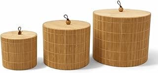 Caixas redondas de bambu natural com tampas, tamanhos 3 cm, 8 cm e 12 cm, padrão listrado, fundo branco.