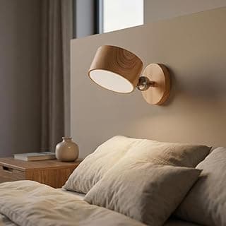 Luminária de parede giratória de LED, madeira, com controle touch, para cabeceira de cama