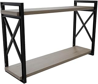 Prateleira estilo industrial com duas camadas de madeira clara e suportes de metal preto.