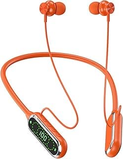 Fone de ouvido wireless de cor laranja com display digital e 100 horas de reprodução