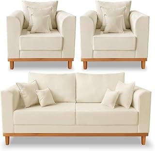 Kit Sofá 3 Lugares e Poltronas Sala de Estar Beny Suede Bege Madeira Prima Deccor