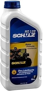 Frasco de óleo lubrificante mineral para compressores MS LUB da Schulz, branco com tampa azul, fundo branco.