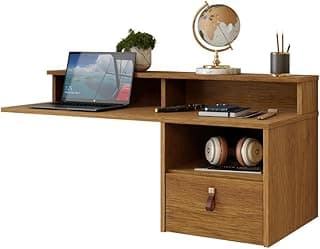 Mesa Suspensa com Gaveta Escrivaninha Parede Home Office Notebook Couro Sintético(AMADEIRADO)