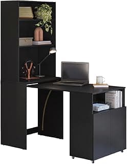 Armário multifuncional preto com escrivaninha retrátil, laptop, caneca, livro e fone de ouvido.