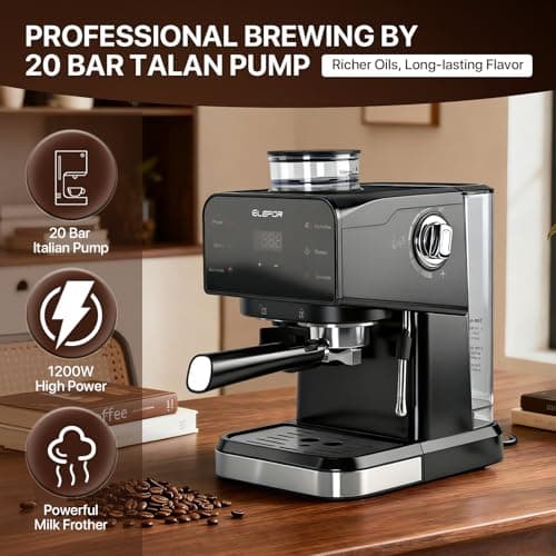 Elefor Máquina de café expresso 20 bar, cafeteira com moedor preto