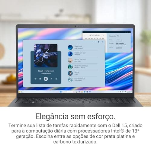 Notebook Dell 15 com tela aberta mostrando música, preto, elegante e leve.