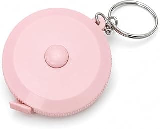 Fita métrica retrátil rosa claro, 150 cm, para costura e medidas corporais, botão central rosa, alça de metal prateado
