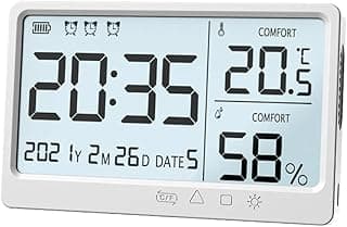 Termômetro higrômetro eletrônico LCD branco mostrando hora, data, temperatura 20.5°C e umidade 58%
