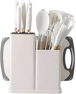 Kit 19 Peças Utensilios Cozinha Silicone Com Facas Antiaderente Cabo De Madeira Tratada Kit Com Colher Concha Espatula Pegador Tesoura Tabua - Jogo Completo Premium Branco Marmore.