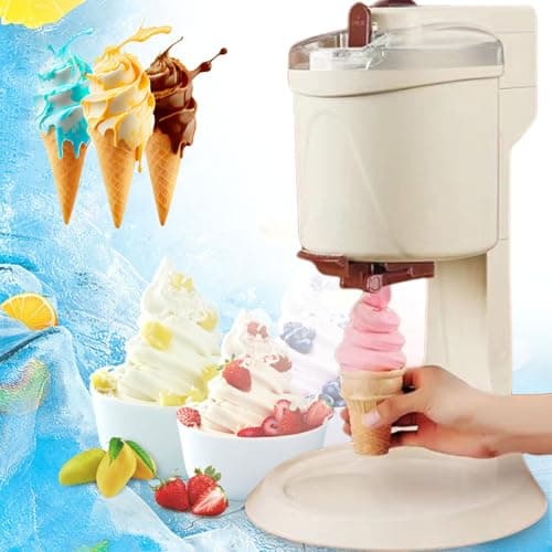 Máquina de sorvete soft serve em ação com cones de sorvete e frutas