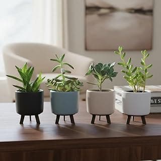 Kit de 4 vasos de cerâmica para suculentas em cores preto, azul, branco e bege