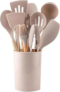 Kit de utensílios de cozinha 12 peças silicone e madeira bege e cinza