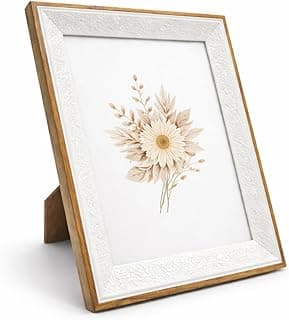 Porta retrato branco com flor estilizada em relevo, fundo branco