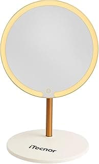 Espelho redondo para maquiagem com iluminação LED, marca iTechor, base branca e haste dourada.