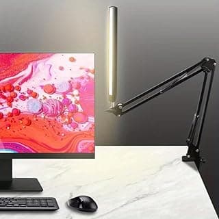 Luminária de mesa LED com braço articulado para monitor de computador, iluminação quente e fria, rotação 360°, clip de alumínio preto