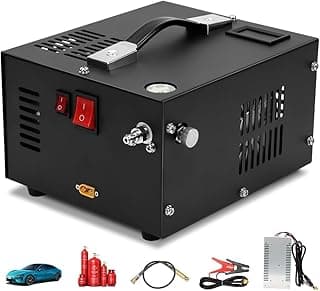 Compressor PCP preto com acessórios e carro azul ao fundo