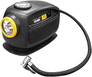 Compressor de ar automotivo Vonder CAV 12, 12V, preto com detalhes amarelos, com refletor frontal.
