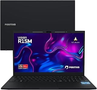 Notebook Positivo Vision R15M com tela aberta mostrando interface Linux, teclado preto e logotipo Positivo