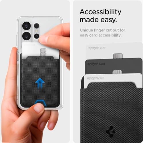 Carteira Magsafe para Cartões Spigen Magfit preta com corte para fácil acesso aos cartões.