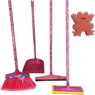 Kit de limpeza infantil rosa com vassoura, pá, rodo e bucha