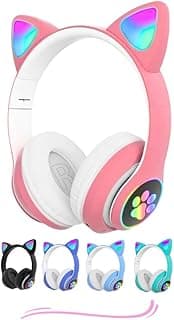 Fone de Ouvido Infantil com Orelha de Gatinho RGB Ajustável Dobrável Bluetooth Rosa