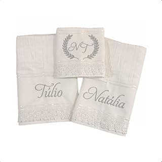 Jogo de 3 toalhas de banho personalizadas com nomes e iniciais bordadas, em branco