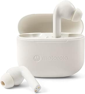 Fones de ouvido Bluetooth Motorola Moto Buds 065 brancos com estojo de carregamento aberto
