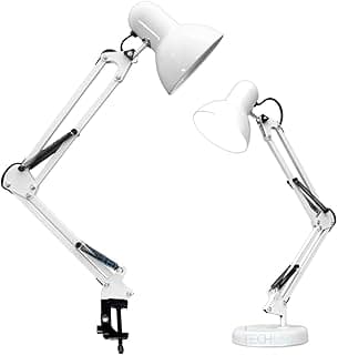 Luminária de mesa articulada branca para escritório, com base de metal e ajuste de altura, mostrando dois ângulos diferentes.