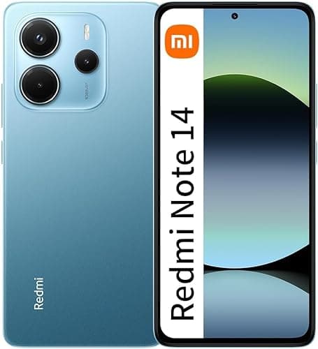 Smartphone Xiaomi Redmi Note 14 em azul oceano, 8GB RAM, 256GB ROM, mostrando a parte traseira com três câmeras.