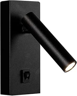 Arandela de leitura LED preta com interruptor, ligada e emitindo luz.