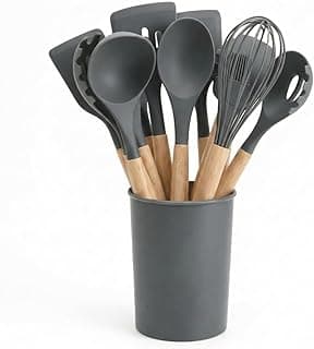 Kit Jogo Conjunto 12 Utensilios De Cozinha CINZA em Silicone Cabo de Madeira Antiaderente Não Risca Resistente ao Calor Premium Livre de BPA