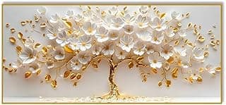 Quadro decorativo em relevo árvore da vida branca e folhas douradas