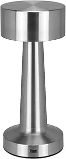 Luminária de mesa decorativa LED USB em metal prata, base circular, topo arredondado, 22x9x9cm