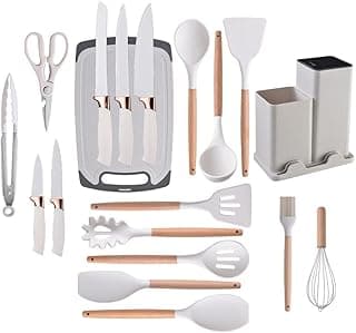 Kit de utensílios de cozinha luxo 19 peças com facas, colheres, espátulas e tesouras em branco e rose gold