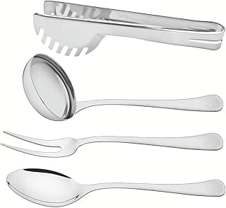 Jogo de utensílios de cozinha Tramontina Havana em aço inoxidável, 4 peças, pinça, colher de sopa, garfo e colher, cor prata.