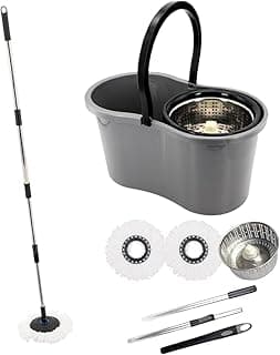 Mop com balde giratório e cesto em inox com refis de microfibra premium