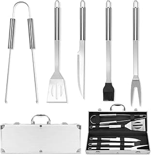 Kit churrasco 6 peças com maleta, ferramentas de churrasco em aço inoxidável, maleta prateada