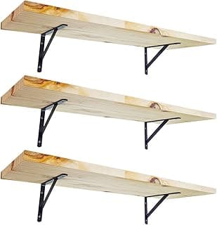 KIT 3 Prateleira Madeira Nicho Estante Painel Pinus 60x20 + Mão Francesa Aço (Preto)
