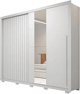 Guarda-roupa branco com ripado, espelho e iluminação interior