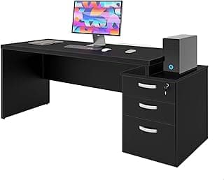 Escrivaninha de Escritório Mesa Pedestal 190x70cm 3 Gavetas com Fechadura MDP 30mm Home Office Organização, Armazenamento e Durabilidade, Acabamento em ABS Netmobil (Preto)