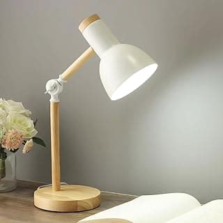 Luminária de mesa retrátil branca com base de madeira, design moderno, ajustável e compacto, ideal para escritório e estudo.
