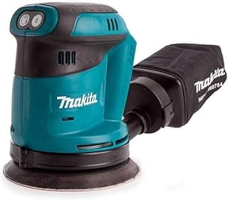 Lixadeira Roto Orbital 18V 125mm da Makita em ciano e preto, contra fundo branco