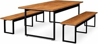 Mesa Com Bancos Estilo Industrial 160x80 6 Lugares Base De Ferro Para Sala De Jantar (Nature)