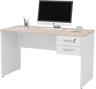 Mesa Reta 120x60cm com 2 Gavetas (1 com Fechadura), Tampo MDP 30mm Reforçado, Acabamento em Borda ABS, Escrivaninha para Escritório Corporativo e Home Office Netmobil (Branco/Dubai)