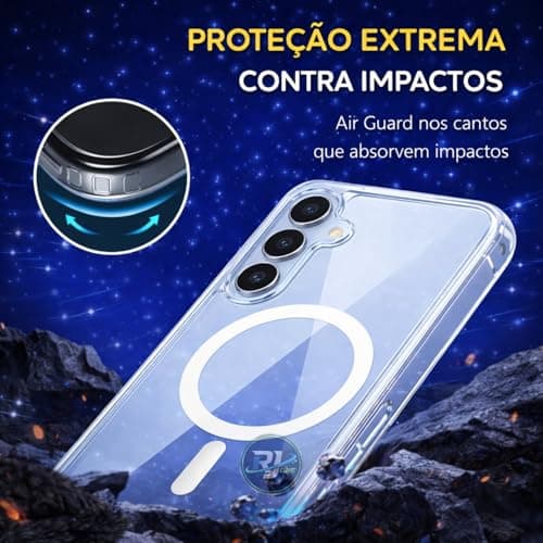 Capa magnética transparente para celular Galaxy S21 FE, proteção contra impactos.